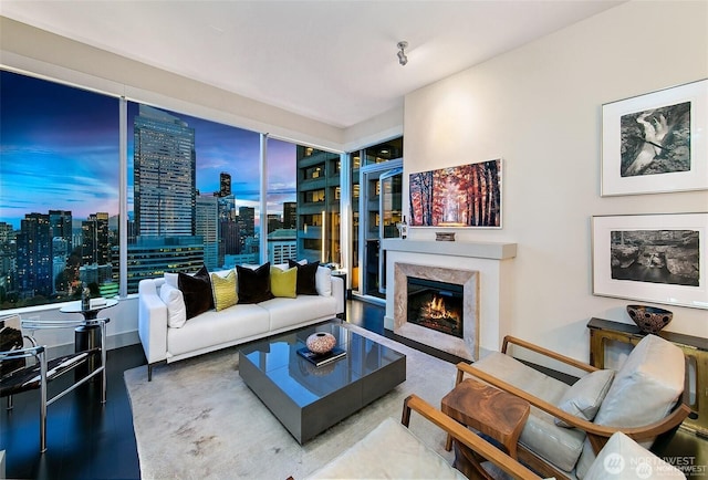 737 Olive Way Unit 3606, Seattle, WA 98101 - living area with a fireplace, a skyline view, and wood finished floors