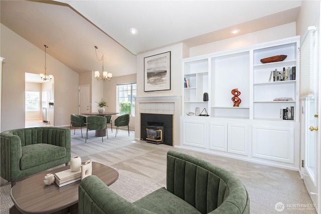 23302 53rd Ave S Unit 4-1, Kent, WA 98032 - living area featuring a chandelier, light carpet, vaulted ceiling, and recessed lighting