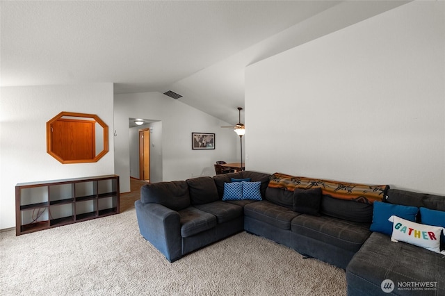 6137 189th Loop SW, Rochester, WA 98579 - living area with lofted ceiling, carpet, and a ceiling fan