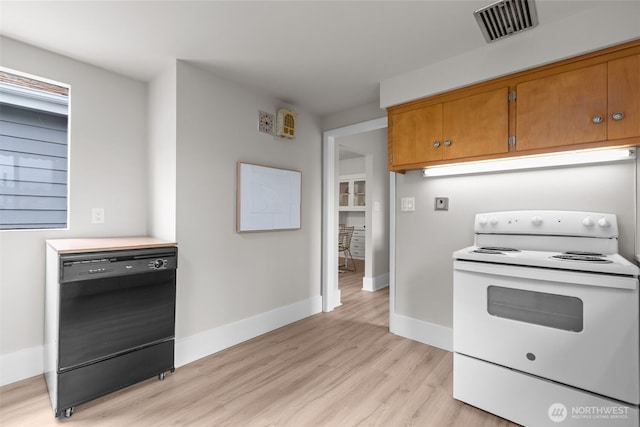 13806 Macadam Rd S, Tukwila, WA 98168 - kitchen with electric stove, dishwasher, light wood-style flooring, brown cabinetry, and light countertops