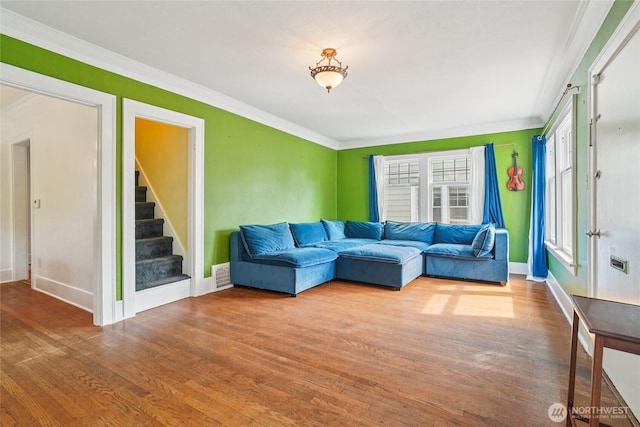2726 34th Ave S, Seattle, WA 98144 - living area featuring crown molding, stairs, and wood finished floors