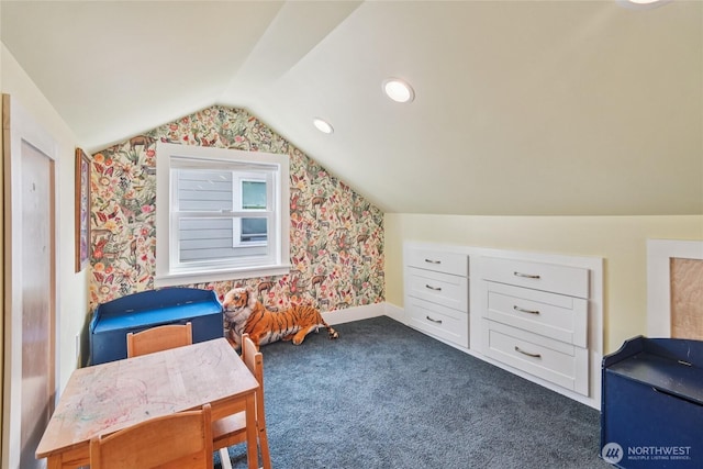 2726 34th Ave S, Seattle, WA 98144 - recreation room with vaulted ceiling, wallpapered walls, and dark carpet