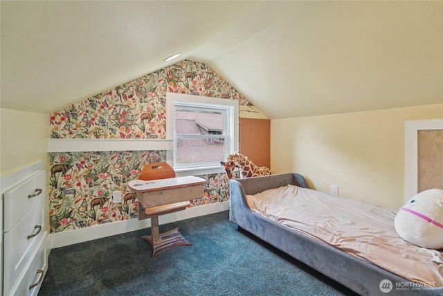 2726 34th Ave S, Seattle, WA 98144 - carpeted bedroom with vaulted ceiling and wallpapered walls