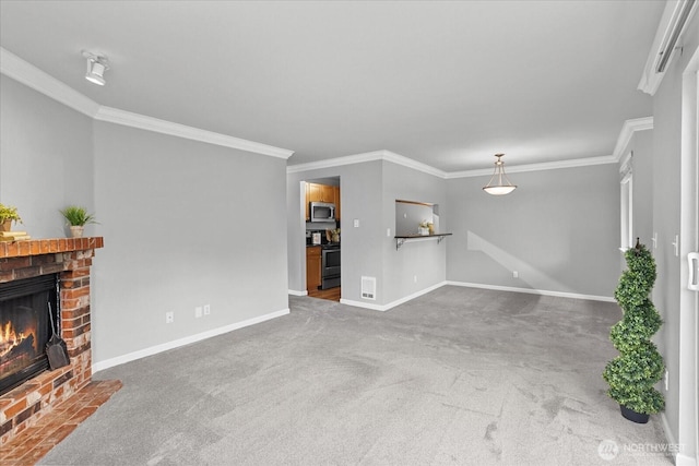 10831 NE 147th Ln Unit R202, Bothell, WA 98011 - unfurnished living room with carpet flooring, a brick fireplace, and ornamental molding