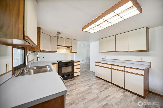 4960 SW Daisy St, Port Orchard, WA 98367 - kitchen featuring black / electric stove, under cabinet range hood, light countertops, light wood-type flooring, and white cabinetry