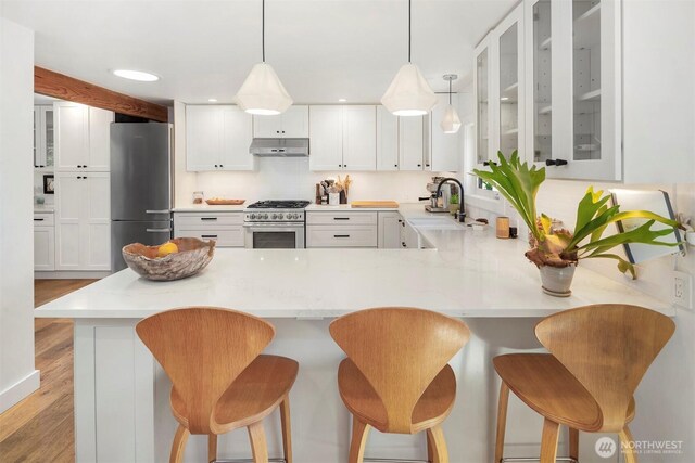 10426 SW 112th St, Vashon, WA 98070 - kitchen featuring appliances with stainless steel finishes, under cabinet range hood, a peninsula, glass insert cabinets, and white cabinetry