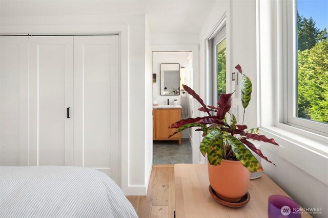 10426 SW 112th St, Vashon, WA 98070 - bedroom with multiple windows, light wood-style flooring, a closet, and ensuite bath