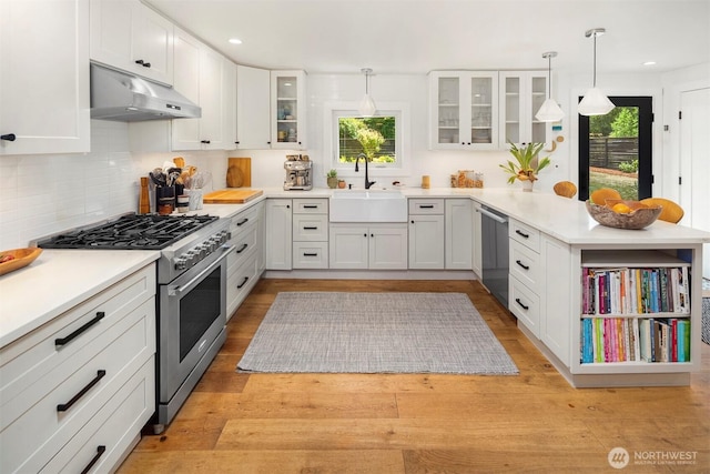 10426 SW 112th St, Vashon, WA 98070 - kitchen featuring stainless steel appliances, under cabinet range hood, a peninsula, healthy amount of natural light, and recessed lighting