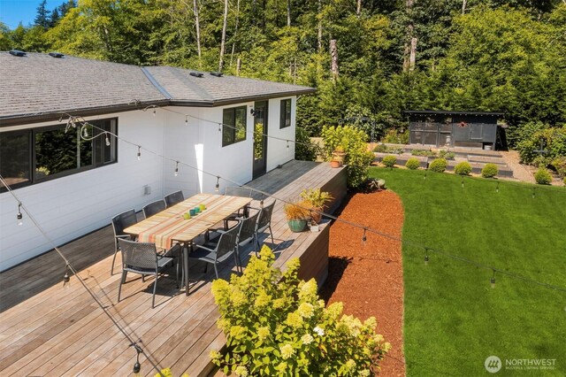 10426 SW 112th St, Vashon, WA 98070 - deck featuring outdoor dining area and a yard
