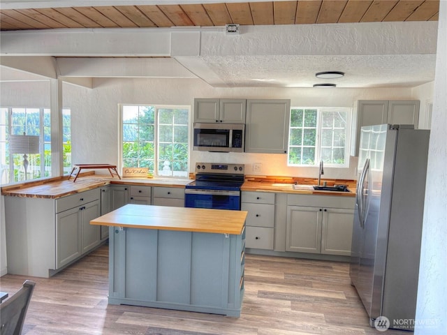 81 E Panorama Way, Grapeview, WA 98546 - kitchen featuring appliances with stainless steel finishes, wooden counters, gray cabinetry, light wood finished floors, and a kitchen island