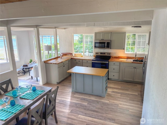 81 E Panorama Way, Grapeview, WA 98546 - kitchen with appliances with stainless steel finishes, butcher block counters, gray cabinets, plenty of natural light, and beam ceiling