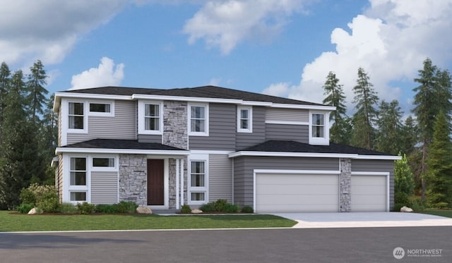 13600 100th St NE Unit 212, Lake Stevens, WA 98258 - view of front of home with stone siding, an attached garage, driveway, and a front yard