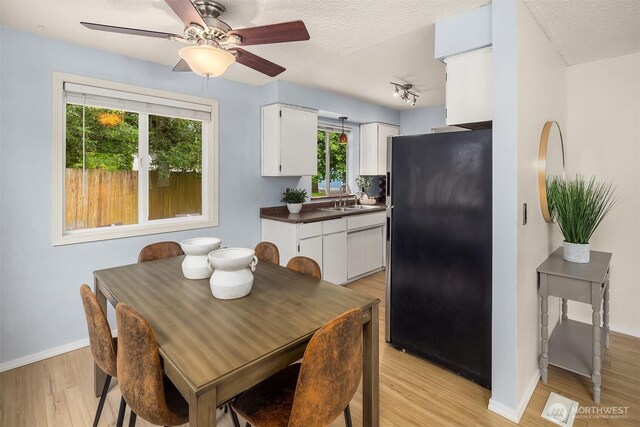 15484 174th Ave SE, Monroe, WA 98272 - dining space featuring light wood finished floors, ceiling fan, track lighting, and a textured ceiling