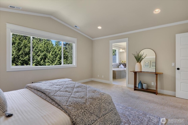 6555 125th Ave NE, Kirkland, WA 98033 - carpeted bedroom featuring lofted ceiling, recessed lighting, crown molding, and connected bathroom