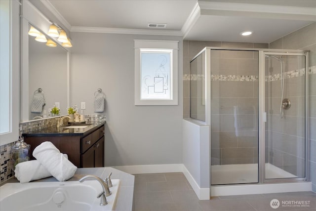 6555 125th Ave NE, Kirkland, WA 98033 - bathroom with vanity, a stall shower, a bath, tile patterned floors, and crown molding