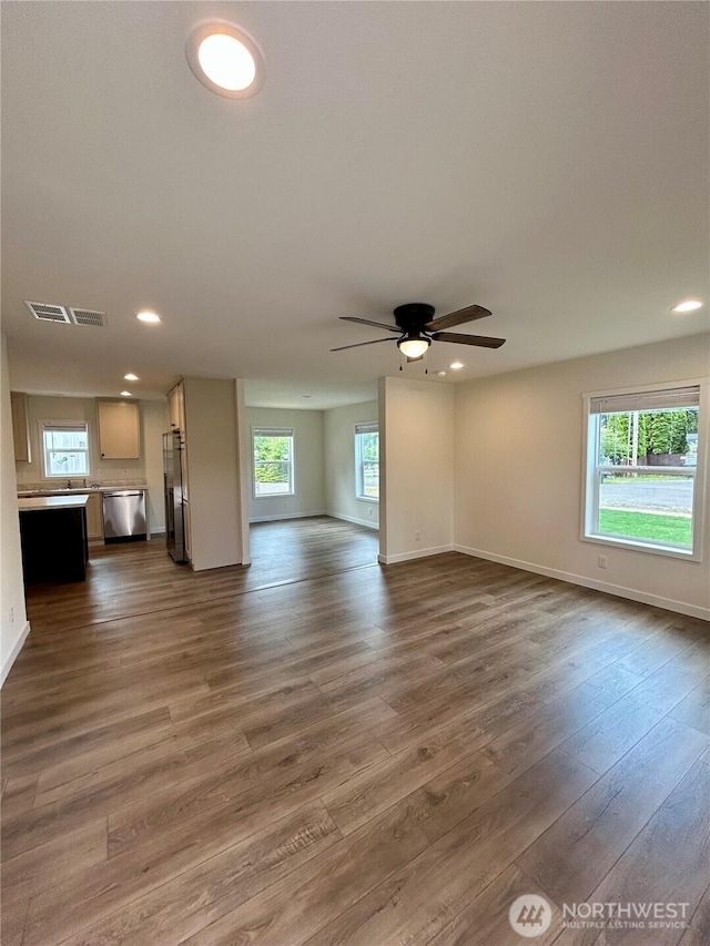 40 E Skywater Pl, Shelton, WA 98584 - unfurnished living room with a ceiling fan, dark wood-style flooring, and recessed lighting
