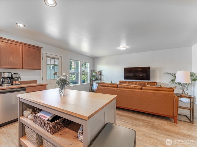 2135 Roper Ln, Wenatchee, WA 98801 - kitchen with dishwasher, light wood-type flooring, recessed lighting, brown cabinets, and open shelves