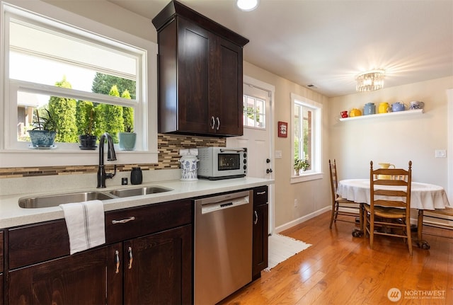 7923 220th St SW, Edmonds, WA 98026 - kitchen featuring dishwasher, light countertops, dark brown cabinets, light wood-style flooring, and tasteful backsplash