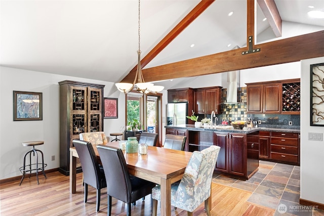 931 SW Moose Hill Ct, Port Orchard, WA 98367 - dining room featuring beamed ceiling, recessed lighting, a chandelier, high vaulted ceiling, and light wood-style flooring