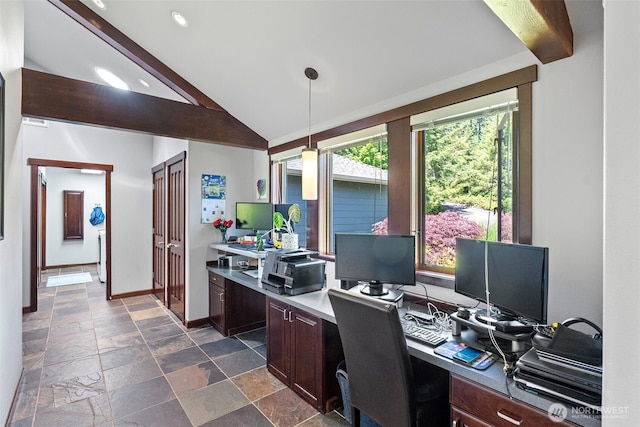 931 SW Moose Hill Ct, Port Orchard, WA 98367 - home office featuring stone tile floors, recessed lighting, and built in desk