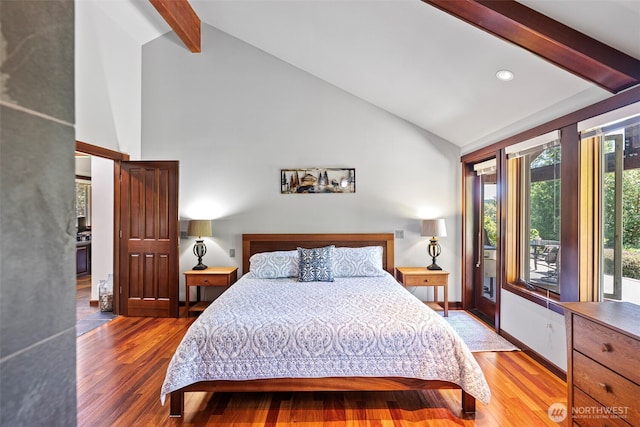 931 SW Moose Hill Ct, Port Orchard, WA 98367 - bedroom with beam ceiling, wood finished floors, access to exterior, recessed lighting, and high vaulted ceiling
