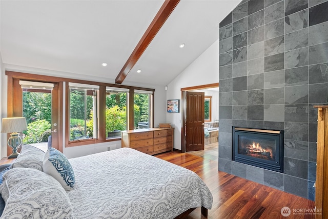 931 SW Moose Hill Ct, Port Orchard, WA 98367 - bedroom with wood finished floors, access to outside, a fireplace, beamed ceiling, and recessed lighting
