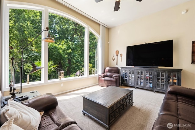 8206 66th Avenue Ct E, Puyallup, WA 98371 - living room featuring carpet flooring, a ceiling fan, and healthy amount of natural light