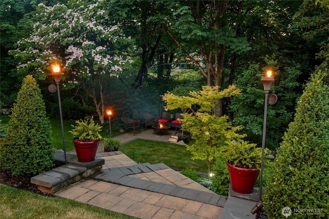 8206 66th Avenue Ct E, Puyallup, WA 98371 - view of yard featuring a fire pit and a patio area