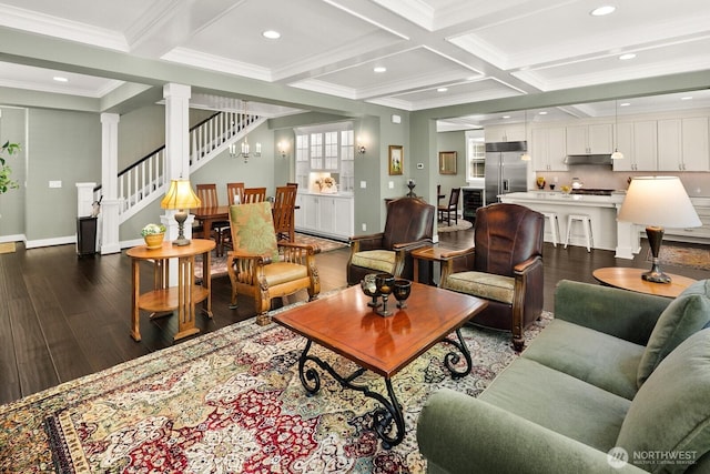 3913 W Briarcliff Ln, Seattle, WA 98199 - living room with dark wood-style floors, coffered ceiling, beam ceiling, recessed lighting, and ornamental molding