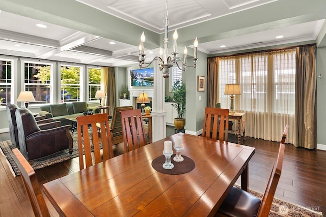 3913 W Briarcliff Ln, Seattle, WA 98199 - dining space featuring ornamental molding, hardwood / wood-style floors, beam ceiling, a chandelier, and recessed lighting