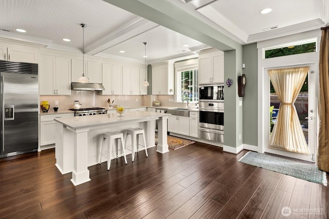 3913 W Briarcliff Ln, Seattle, WA 98199 - kitchen with built in appliances, a warming drawer, under cabinet range hood, light countertops, and a kitchen bar