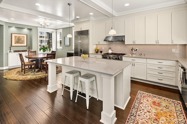 3913 W Briarcliff Ln, Seattle, WA 98199 - kitchen featuring stainless steel appliances, under cabinet range hood, light countertops, dark wood-type flooring, and ornamental molding