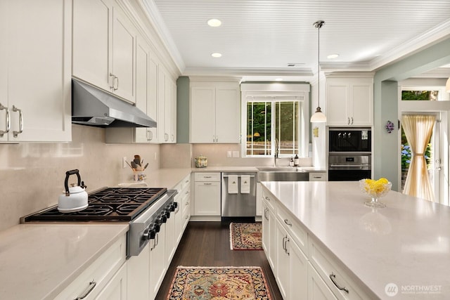 3913 W Briarcliff Ln, Seattle, WA 98199 - kitchen featuring under cabinet range hood, stainless steel appliances, light countertops, dark wood-type flooring, and white cabinetry