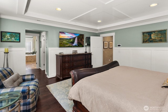 3913 W Briarcliff Ln, Seattle, WA 98199 - bedroom with coffered ceiling, a wainscoted wall, dark wood-style floors, beam ceiling, and recessed lighting