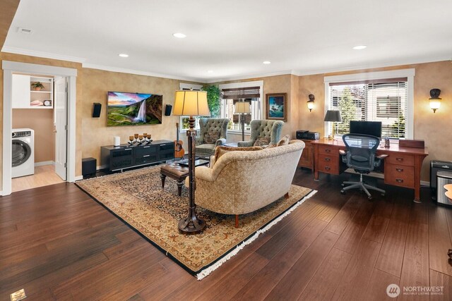 3913 W Briarcliff Ln, Seattle, WA 98199 - living area featuring washer / dryer, dark wood-style flooring, a desk, crown molding, and recessed lighting