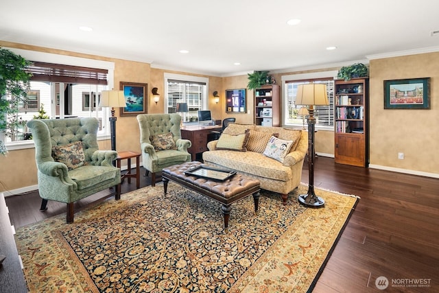 3913 W Briarcliff Ln, Seattle, WA 98199 - living area with crown molding, wood finished floors, and recessed lighting