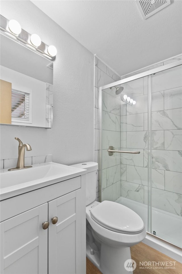 4126 Matia Dr, Ferndale, WA 98248 - bathroom featuring a stall shower, vanity, a textured ceiling, and a textured wall