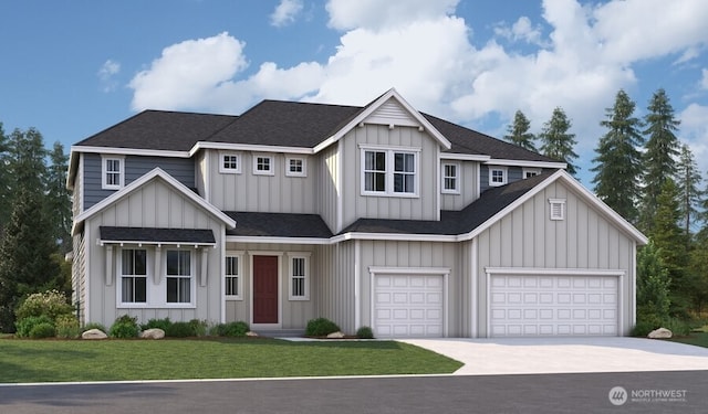 13620 100th St NE Unit 211, Lake Stevens, WA 98258 - modern inspired farmhouse featuring board and batten siding, concrete driveway, a front lawn, and roof with shingles