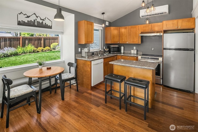 13316 30th Ave NE, Seattle, WA 98125 - kitchen featuring stainless steel appliances, under cabinet range hood, vaulted ceiling, a wall mounted AC, and dark wood finished floors