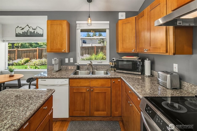 13316 30th Ave NE, Seattle, WA 98125 - kitchen with appliances with stainless steel finishes, under cabinet range hood, healthy amount of natural light, and brown cabinets