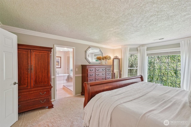 1800 SE 202nd Ave, Camas, WA 98607 - bedroom featuring light colored carpet, crown molding, a textured ceiling, and ensuite bath