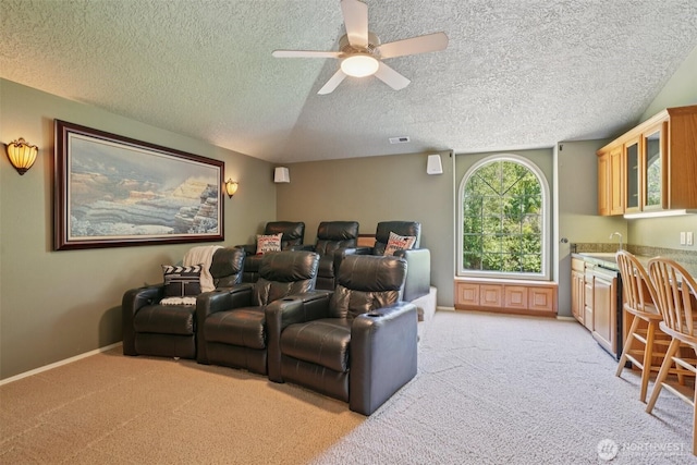 1800 SE 202nd Ave, Camas, WA 98607 - home theater room featuring a textured ceiling, ceiling fan, and light carpet