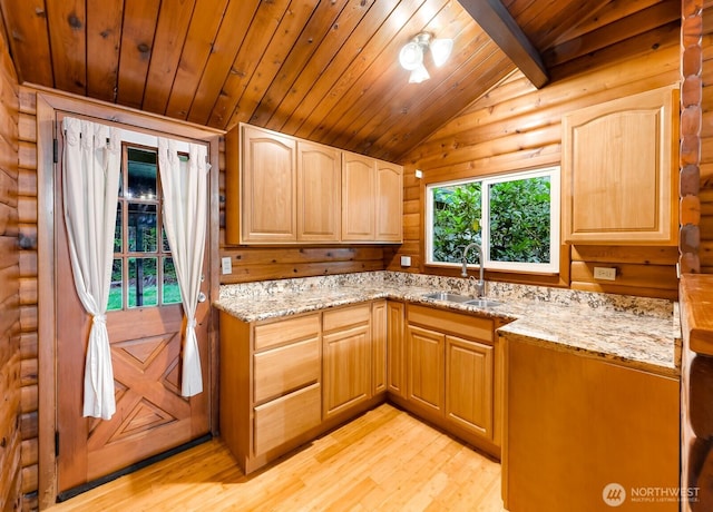 44111 SE Mt Si Rd, North Bend, WA 98045 - kitchen featuring light wood-type flooring, light brown cabinetry, light stone counters, log walls, and wood ceiling