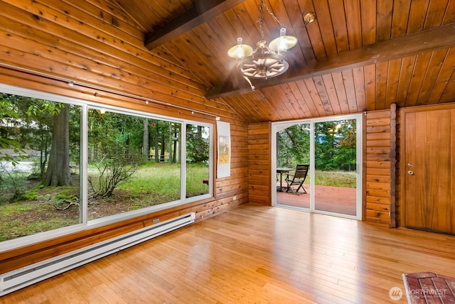 44111 SE Mt Si Rd, North Bend, WA 98045 - spare room featuring a baseboard radiator, a chandelier, wooden ceiling, and hardwood / wood-style floors