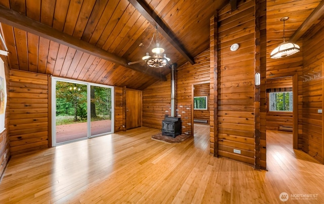 44111 SE Mt Si Rd, North Bend, WA 98045 - unfurnished living room with a wood stove, wood ceiling, light wood-type flooring, plenty of natural light, and wooden walls