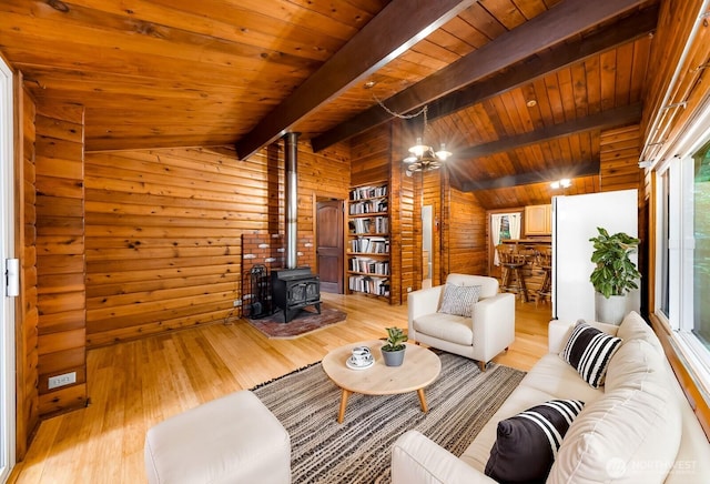 44111 SE Mt Si Rd, North Bend, WA 98045 - living area with wood walls, light wood-style flooring, a wood stove, and wooden ceiling