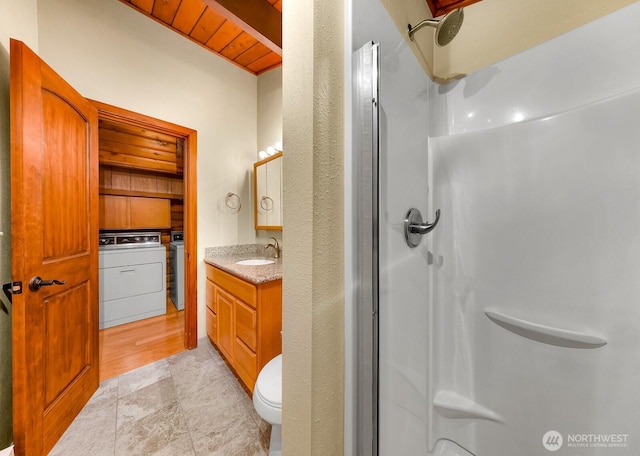 44111 SE Mt Si Rd, North Bend, WA 98045 - full bath featuring a stall shower, vanity, and a wooden ceiling with exposed beams