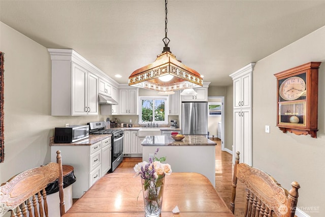 105 Shuksan St, Everson, WA 98247 - kitchen featuring stainless steel appliances, under cabinet range hood, white cabinets, light wood-style flooring, and recessed lighting