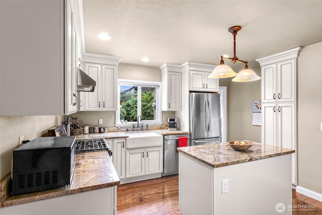 105 Shuksan St, Everson, WA 98247 - kitchen featuring stainless steel appliances, a center island, wood finished floors, white cabinetry, and recessed lighting