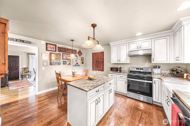 105 Shuksan St, Everson, WA 98247 - kitchen with stainless steel appliances, under cabinet range hood, white cabinets, light wood-type flooring, and recessed lighting